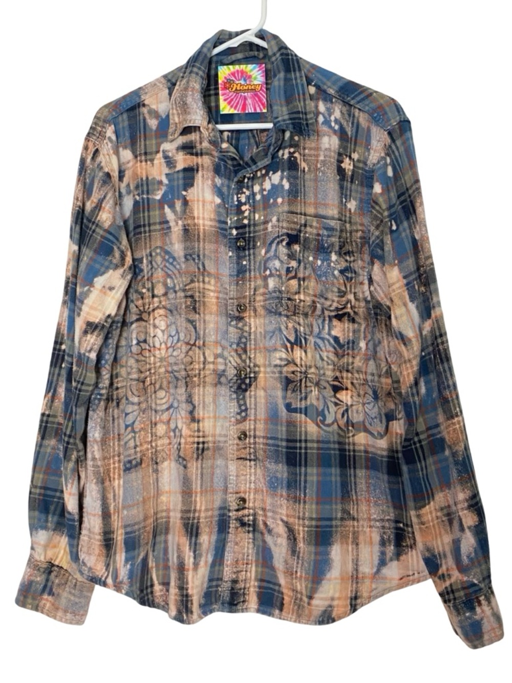 Handmade Flannel Shirt Mens Size Medium Unisex Bleached Floral Upcycled Cotton
